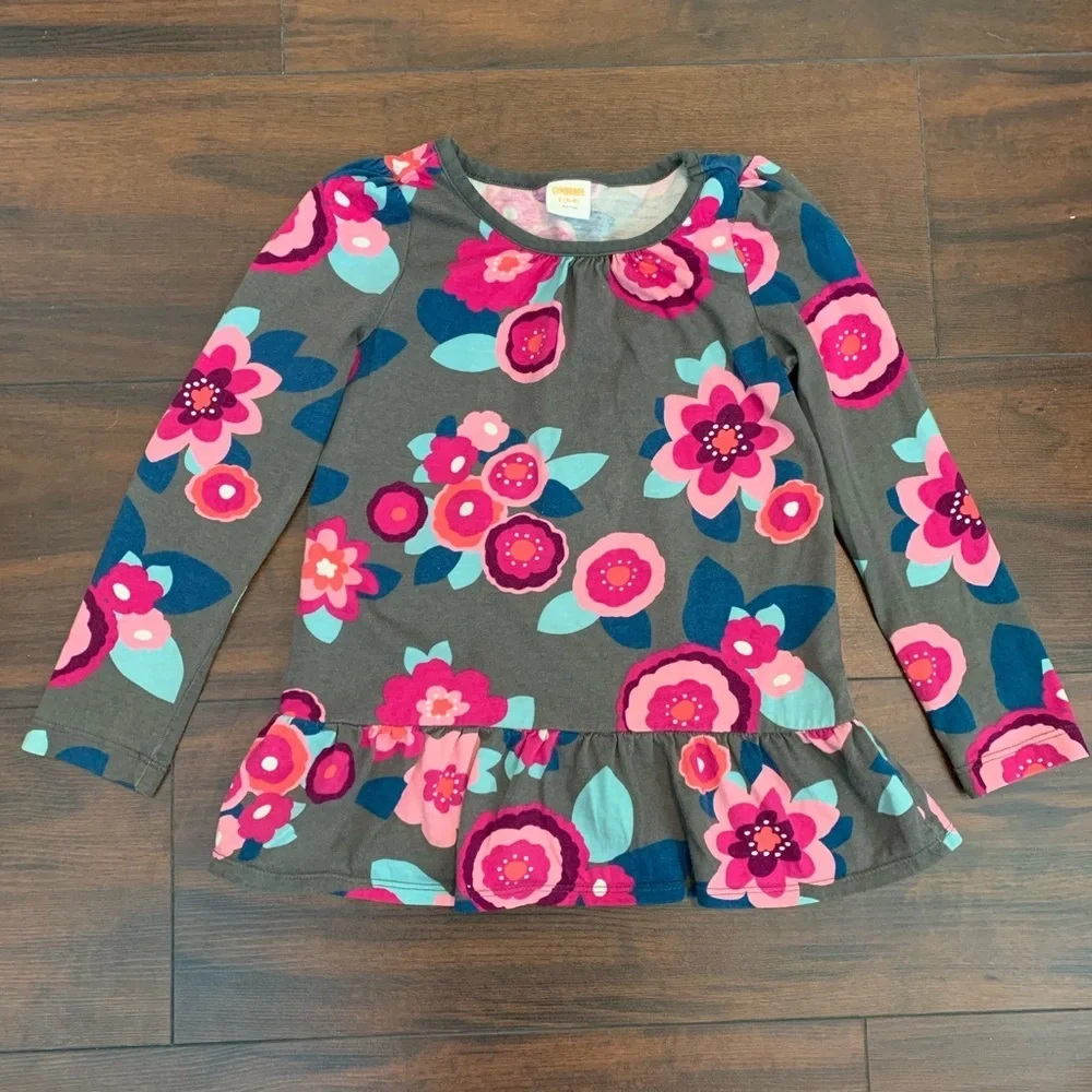 Gymboree Gray Floral Ruffle Bottom Long Sleeve Blouse